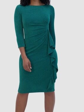 Jessica Howard Teal Ruffle Sheath Boatneck Metallic Stretch Knit Dress 14